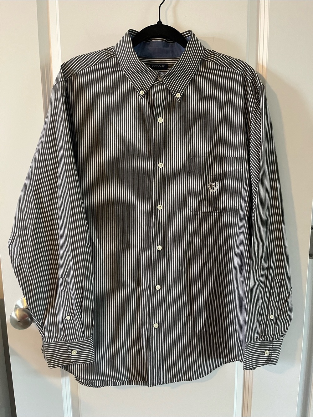 Chaps Easy Care Dark Gray and White Striped Button-Down Shirt